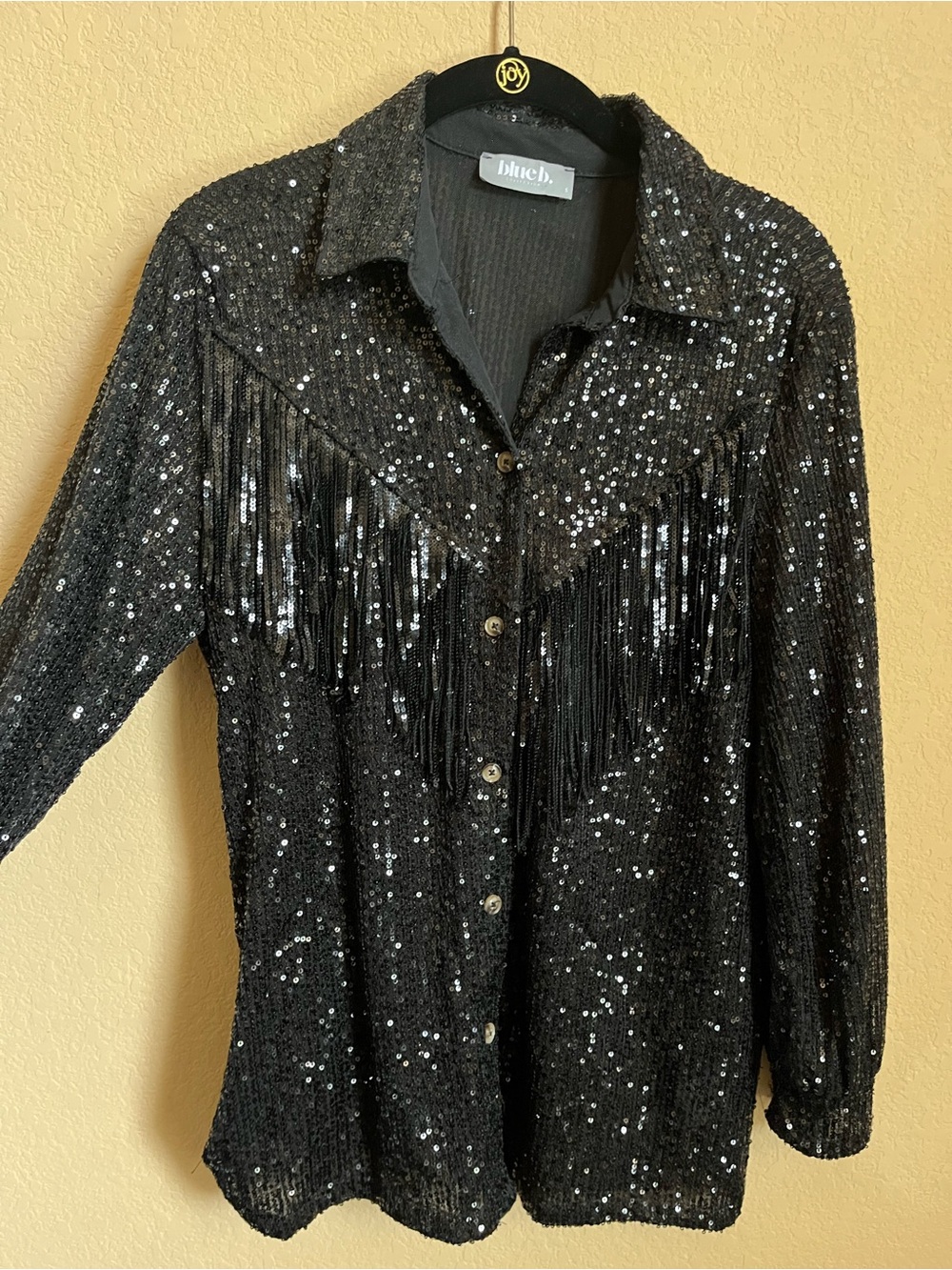 Black Sequin Button Down Black Western Fringe Shirt Size S - Picture 1 of 12